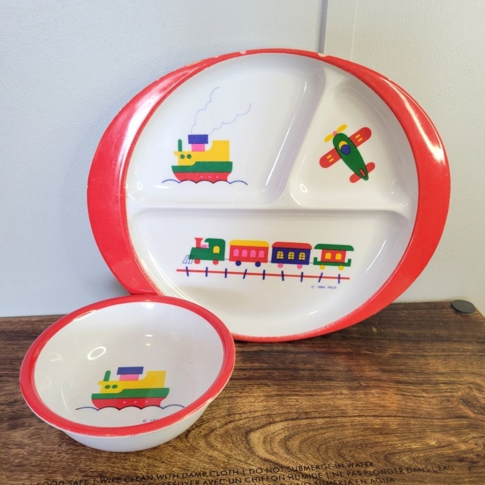 Vintage 1984 Peco Ware Melamine Children's Divided 3 Section Plate Red Bowl Set